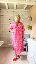 Load image into Gallery viewer, Sicily long sleeved v neck cheesecloth maxi sundress in pink leopard print