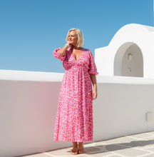 Load image into Gallery viewer, Sicily long sleeved v neck cheesecloth maxi sundress in pink leopard print