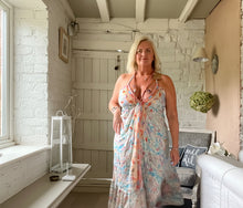 Load image into Gallery viewer, Italian boho Capri backless sundress in blue feathers of Italy