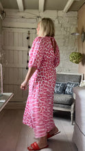 Load image into Gallery viewer, Sicily long sleeved v neck cheesecloth maxi sundress in white pink and orange leopard print