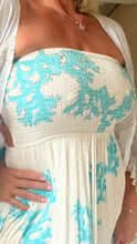 Load image into Gallery viewer, Positano backless maxi sundress with sequins coral detail in white and turquoise