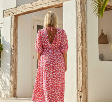 Load image into Gallery viewer, Sicily long sleeved v neck cheesecloth maxi sundress in white pink and orange leopard print