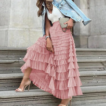 Load image into Gallery viewer, Sorrento Italian Women Layered Tulle Long Skirt UK Naples Ladies Fashion High Waist Solid Colour Frill Trim Ruffle Midi Skirt in Dusky Pink