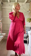 Load image into Gallery viewer, Feathers of italy Sicily long sleeved v neck cheesecloth maxi sundress in fuchsia leopard print