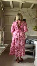 Load image into Gallery viewer, Sicily long sleeved v neck cheesecloth maxi sundress in white pink and orange leopard print