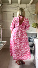 Load image into Gallery viewer, Sicily long sleeved v neck cheesecloth maxi sundress in white pink and orange leopard print