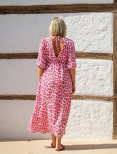Load image into Gallery viewer, Sicily long sleeved v neck cheesecloth maxi sundress in white pink and orange leopard print