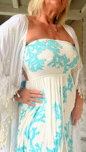 Load image into Gallery viewer, Positano backless maxi sundress with sequins coral detail in white and turquoise