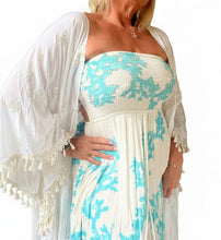 Load image into Gallery viewer, Positano backless maxi sundress with sequins coral detail in white and turquoise