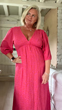 Load image into Gallery viewer, Feathers of italy Sicily long sleeved v neck cheesecloth maxi sundress in fuchsia leopard print