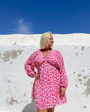 Load image into Gallery viewer, Sicily long sleeved v neck cheesecloth sundress short in white orange and pink leopard print