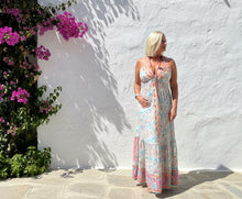 Load image into Gallery viewer, Italian boho Capri backless sundress in blue feathers of Italy