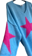 Load image into Gallery viewer, Feathers Of Italy Italian wool Jumper Capri Bold Star Jumper in Blue and Pink