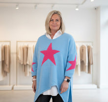 Load image into Gallery viewer, Feathers Of Italy Italian wool Jumper Capri Bold Star Jumper in Blue and Pink