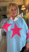 Load image into Gallery viewer, Feathers Of Italy Italian wool Jumper Capri Bold Star Jumper in Blue and Pink