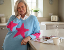 Load image into Gallery viewer, Feathers Of Italy Italian wool Jumper Capri Bold Star Jumper in Blue and Pink