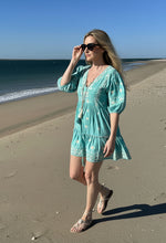 Load image into Gallery viewer, Capri Bohemian Embroidered Kaftan Dress with Tassel Detail - Turquoise