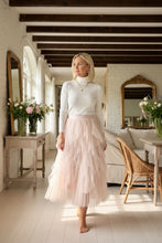 Load image into Gallery viewer, Florence Italian Midi Tulle Skirt A-line Elastic High Waist Irregular Layered Tiered Mesh Ballet One Size Skirt in pink.
