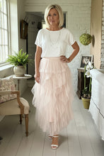 Load image into Gallery viewer, Florence Italian Midi Tulle Skirt A-line Elastic High Waist Irregular Layered Tiered Mesh Ballet One Size Skirt in pink.