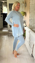 Load image into Gallery viewer, Ladies Capri 2 piece lounge set Versace inspired in powder blue