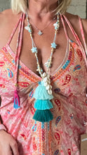 Load image into Gallery viewer, Large 3 Tiered Silk Tassel and Shell necklace in Teal Aqua and Turquoise