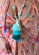 Load image into Gallery viewer, Large 3 Tiered Silk Tassel and Shell necklace in Teal Aqua and Turquoise