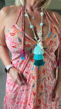 Load image into Gallery viewer, Large 3 Tiered Silk Tassel and Shell necklace in Teal Aqua and Turquoise