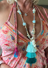 Load image into Gallery viewer, Large 3 Tiered Silk Tassel and Shell necklace in Teal Aqua and Turquoise