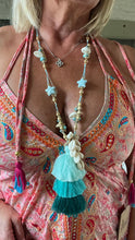 Load image into Gallery viewer, Large 3 Tiered Silk Tassel and Shell necklace in Teal Aqua and Turquoise