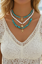 Load image into Gallery viewer, 3-Piece Set – Soft Ceramic Turquoise Necklace with Metallic Seashell, Conch Shell & Starfish Pendants