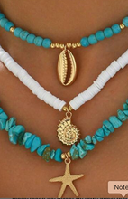Load image into Gallery viewer, 3-Piece Set – Soft Ceramic Turquoise Necklace with Metallic Seashell, Conch Shell & Starfish Pendants