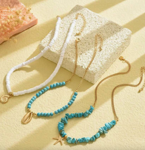 Load image into Gallery viewer, 3-Piece Set – Soft Ceramic Turquoise Necklace with Metallic Seashell, Conch Shell & Starfish Pendants