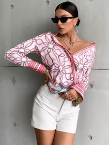 Designer Graphic Print Button Up Blouse Pink Daisy