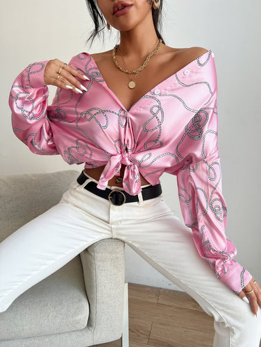 Rimini Button Up Drop Shoulder Rope Print Bishop Sleeve Blouse in Pink by Feathers Of Italy 