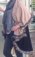 Load image into Gallery viewer, Cashmere Reversible Wrap with Feather Trim in Caramel & Black | Feathers Of Italy