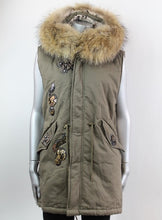 Load image into Gallery viewer, Fur Hood Parker Gilet with sequinned detail in Green - Feathers Of Italy