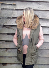 Load image into Gallery viewer, Fur Hood Parker Gilet with sequinned detail in Green - Feathers Of Italy