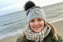 Load image into Gallery viewer, Star Knitted Diamonte Real Fur Bobble Hat in Grey - Feathers Of Italy