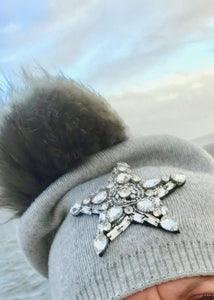 Star Knitted Diamonte Real Fur Bobble Hat in Grey - Feathers Of Italy 