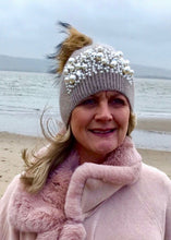 Load image into Gallery viewer, Pearls and Diamonds Knitted Real Fur Bobble Hat in Mocha - Feathers Of Italy