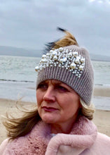 Load image into Gallery viewer, Pearls and Diamonds Knitted Real Fur Bobble Hat in Mocha - Feathers Of Italy