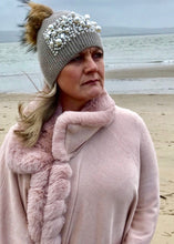 Load image into Gallery viewer, Pearls and Diamonds Knitted Real Fur Bobble Hat in Mocha - Feathers Of Italy