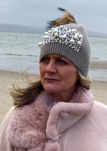 Load image into Gallery viewer, Pearls and Diamonds Knitted Real Fur Bobble Hat in Mocha - Feathers Of Italy