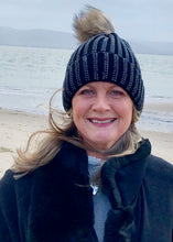 Load image into Gallery viewer, Florence Knitted Diamonte Real Fur Bobble Hat in Black with black Diamonds - Feathers Of Italy