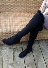 Load image into Gallery viewer, The Kensington Over the knee luxury flat boot with gold in-lay heal and real fur trim in Black - Feathers Of Italy