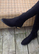 Load image into Gallery viewer, The Kensington Over the knee luxury flat boot with gold in-lay heal and real fur trim in Black - Feathers Of Italy