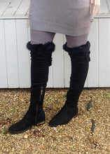 Load image into Gallery viewer, The Kensington Over the knee luxury flat boot with gold in-lay heal and real fur trim in Black - Feathers Of Italy