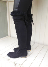 Load image into Gallery viewer, The Kensington Over the knee luxury flat boot with gold in-lay heal and real fur trim in Black - Feathers Of Italy