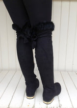 Load image into Gallery viewer, The Kensington Over the knee luxury flat boot with gold in-lay heal and real fur trim in Black - Feathers Of Italy