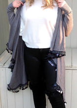 Load image into Gallery viewer, Julietta Super Lux Cardigan Coat With Seqined Trimmed Edge in Grey - Feathers Of Italy